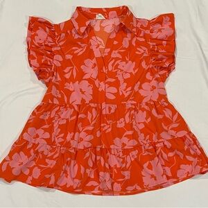 Floral Ruffle Sleeve Blouse - Red and Pink